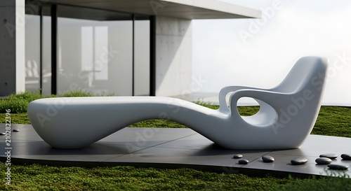 Contemporary Organic White Stone Chaise Lounge Chair on a Minimalist Patio for Outdoor Luxury Relaxation and Modern Home Decor