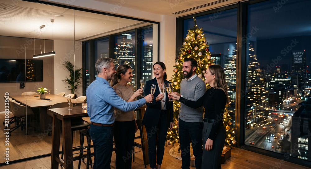 Obraz premium Happy diverse colleagues celebrating New Year in modern office with champagne toast by glowing Christmas tree.