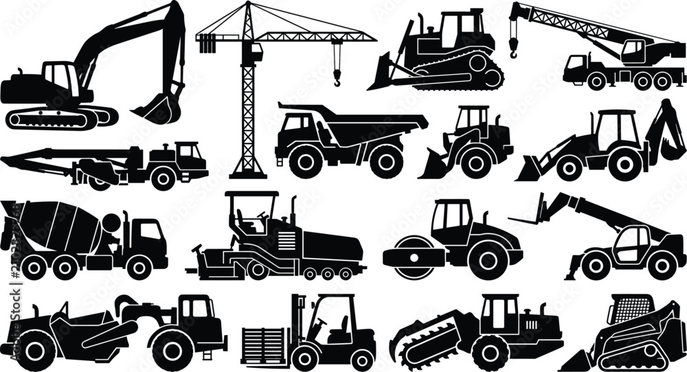 Obraz premium Vector collection of construction vehicle silhouette icons including excavators, cranes, bulldozers, trucks, loaders, rollers, and forklifts