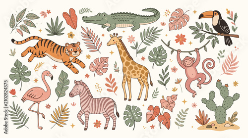 Canvas Print Colorful jungle animals and plants on white background  wildlife scene