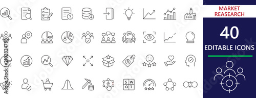 Market research line icon set. included  business analytics, feedback, competitive, intelligence, survey, customer, insights, analysis and strategic planning.