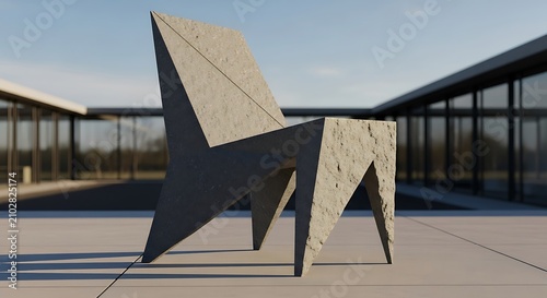 Abstract Modernist Angular Stone Chair Sculpture in a Minimalist Architectural Courtyard Setting