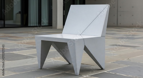 Modern Geometric White Sculptural Chair on a Minimalist Stone Terrace Outdoor Furniture Design
