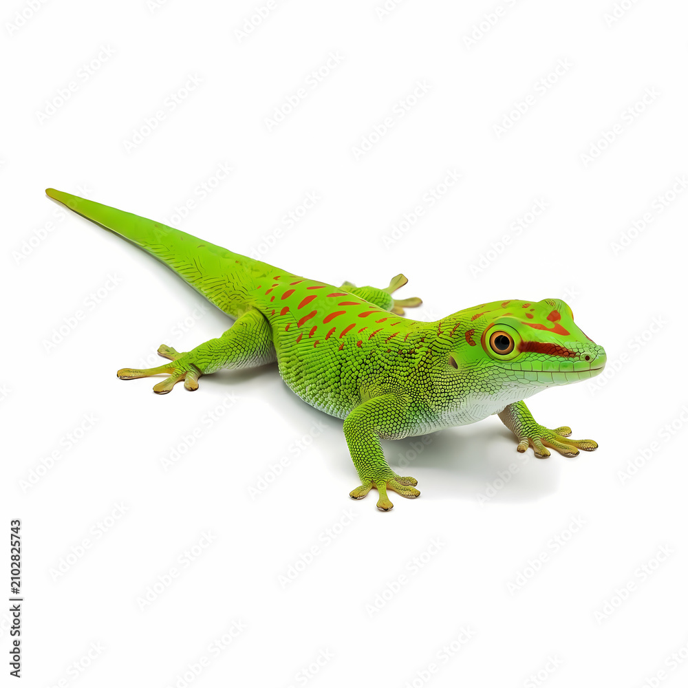 Fototapeta premium A vibrant green gecko lizard displaying distinctive red spots walks steadily across a surface while showcasing its bright skin patterns and alert eyes representing diverse wildlife in nature
