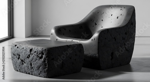Modern Monochrome Basalt Stone Sculptural Armchair and Matching Footstool in a Minimalist Interior Setting