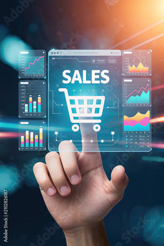 Person using AI-powered digital shopping interface with virtual cart, sales analytics, and modern eCommerce technology dashboard.