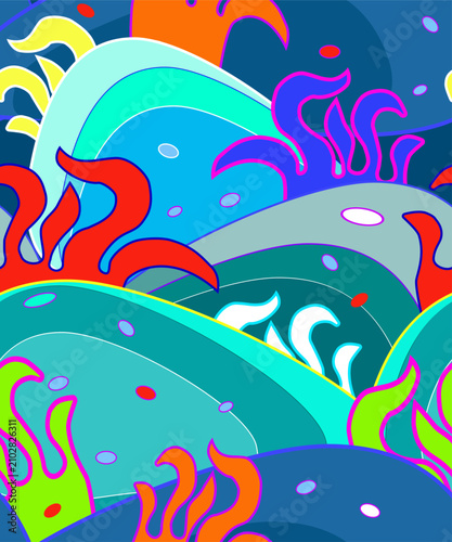 Seamless background or pattern with abstract lines, algae, waves, or plants. Vector.