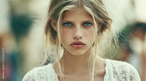 Young woman portrait blue eye blonde hair freckle natural beauty soft light outdoor dreamy lace top calm expression young woman with blue eye and blonde hair stands outdoor soft light freckle face