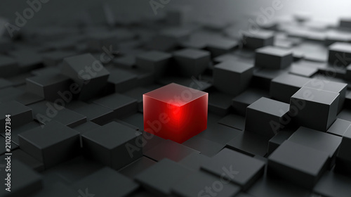 Red cube glowing cube black cube dark background 3d render geometric shape abstract pattern contrast spotlight minimal design technology digital art modern cube surface block depth perspective
