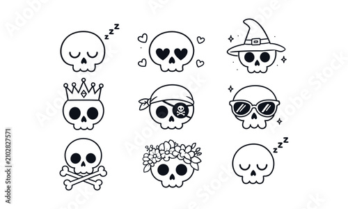Cute cartoon skulls with fun accessories and playful expressions for creative designs
