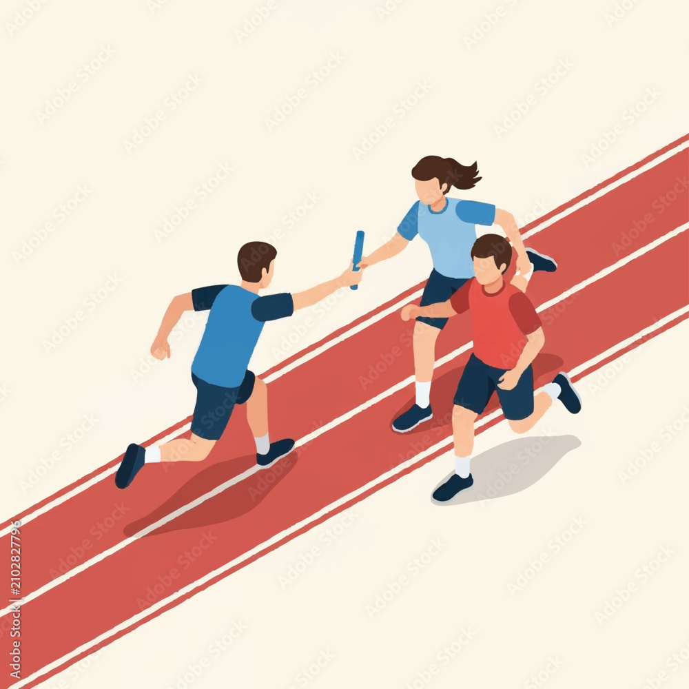 Fototapeta premium Isometric Illustration of Athletes Passing the Baton During a Track Relay Race