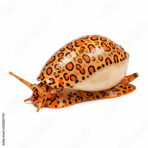 Leopard pattern snail crawler with orange spotted shell crawling slowly across the surface while exploring the natural environment and showing its unique textured skin and colorful markings for