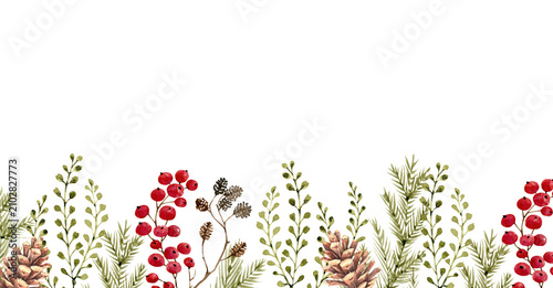 A Christmas border illustration in watercolor, featuring pine branches, pine cones, and red berries. A festive winter design with greenery for a greeting card or handwritten invitation.