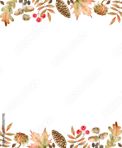 Watercolor autumn frame with leaves, acorns, pine cones, and berries. Botanical border design for a Thanksgiving greeting card. Hand-drawn