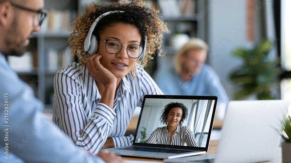 Fototapeta premium Colleagues participating in a virtual meeting discussion from a modern home office, remote teamwork, digital collaboration , with copy space