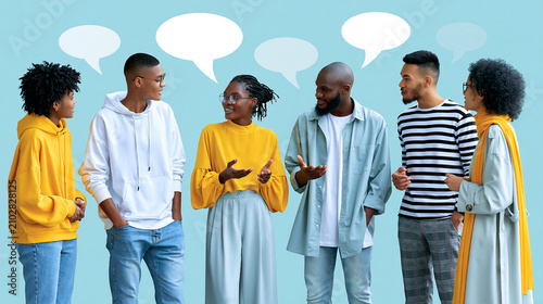 Group of individuals standing closely together engaged in an animated discussion, community interaction concept , with copy space