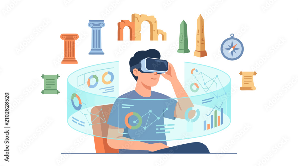 Fototapeta premium Man using VR headset exploring ancient history data visualization with digital interface and artifacts, futuristic education concept