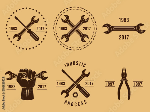 Quadro su tela Vintage Industrial Tool Logo Collection: Mechanic Badges, Wrenches, and Workshop