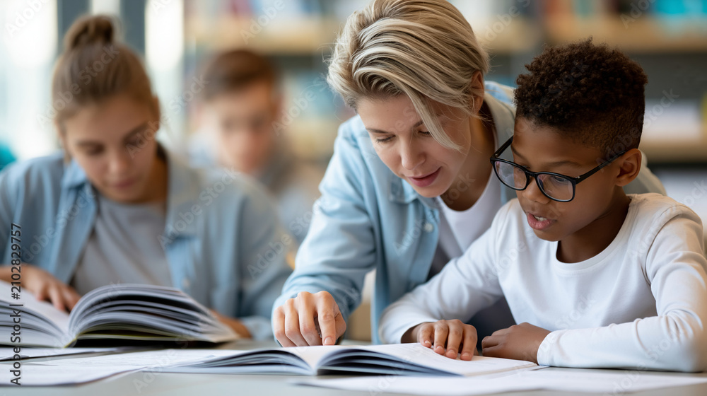 Obraz premium Tutor facilitating a small reading group with open books and worksheets, focused literacy education, structured learning , with copy space
