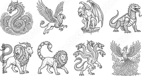 Photos Black and white line art vector set of mythical creatures including dragon, grif