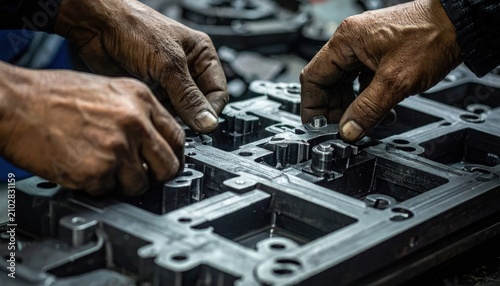 Skilled hands repairing heavy machinery components in grayscale.