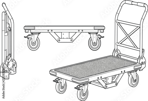 Technical flat sketch vector illustration of folding platform hand truck trolley showing different angles and folded position