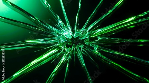Vibrant green light pulses through shattered glass
