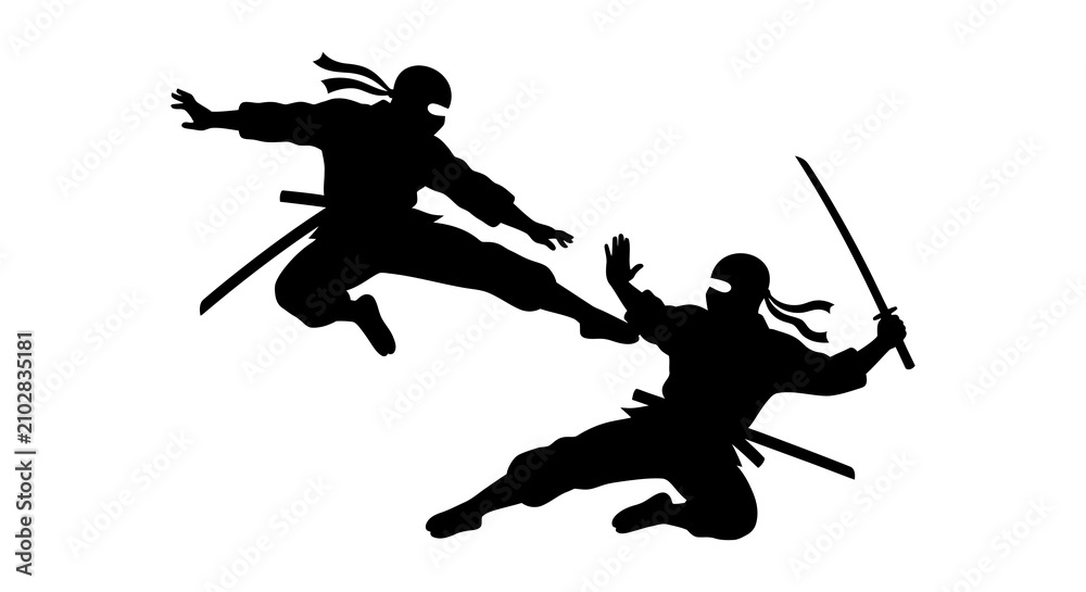 Fototapeta premium Two ninja warriors in dynamic combat pose black silhouette