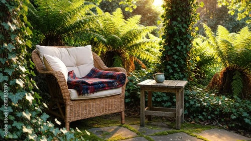 Cozy wicker chair with a plaid blanket next to a small wooden table, steam rising from the ceramic mug, amidst lush green plants in the peaceful garden.