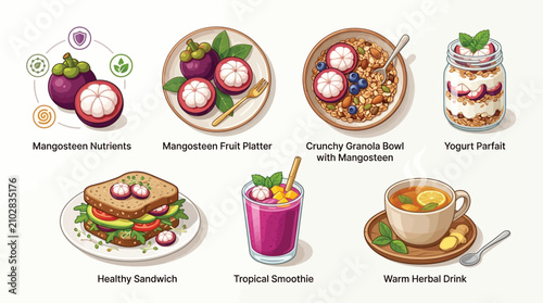 Картината върху платно A vibrant collection of healthy food and drink options featuring the exotic mangosteen fruit, showcasing its versatility in various culinary preparations