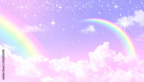 A dreamy fantasy scene featuring a glowing crescent moon suspended in a pastel-colored sky with delicate clouds and an enchanting atmosphere. Ideal for fantasy artwork, meditation themes.