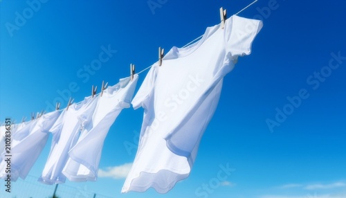 Tapety artystyczne 鮮やかな青空の下で洗濯ロープに干され風に揺れる複数の白いTシャツ