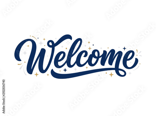Elegant handwritten welcome lettering with decorative stars and swirls, perfect for greetings, invitations, and signage, conveying warmth and hospitality