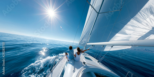 Two people seen from behind sitting on sailboat deck on sunny day