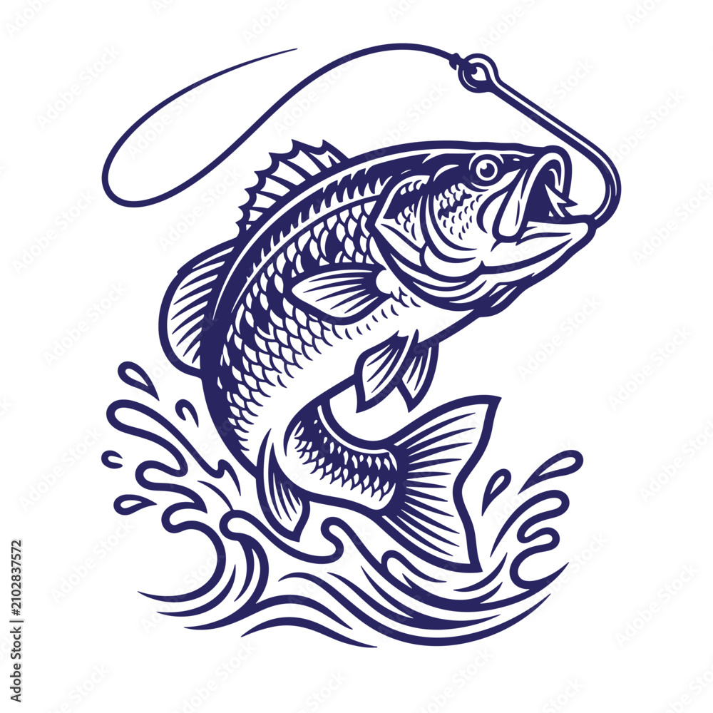Fototapeta premium A dark blue of a large fish jumping out of water, hooked on a fishing line, isolated on a white background, representing sport fishing, angling, and outdoor recreational t-shirt poster