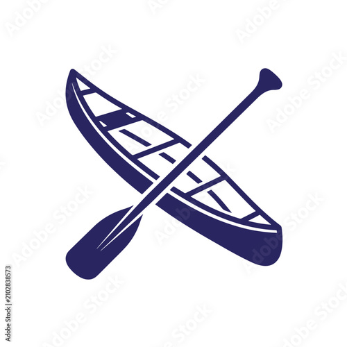 Canoe boat with a wooden paddle crossed over it, on at-shirt poster white background, water sports and outdoor recreation theme, dark blue ink style for travel and adventure branding