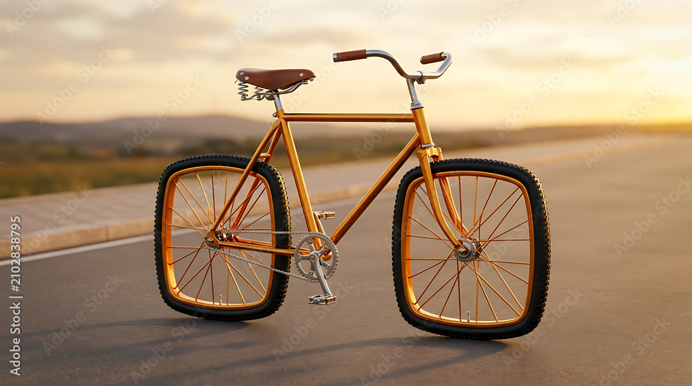Fototapeta premium Surreal innovative golden bicycle with square wheels on a paved road at sunset soaring design