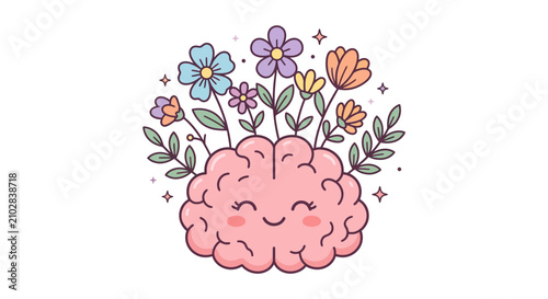 Creative Illustration of a Brain with Colorful Flowers Growing Out of It.
