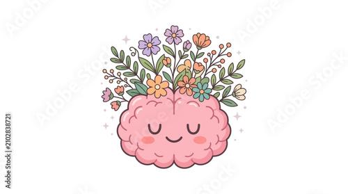 Cute Cartoon Brain with Flowers and Leaves Growing Out of It.