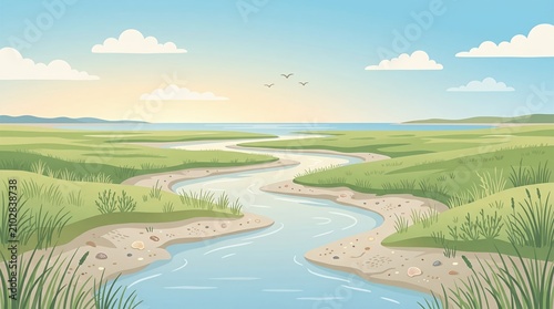Peaceful Coastal Landscape Illustration with Winding River Estuary and Green Marshlands Under a Clear Blue Sky
