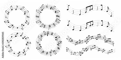 Bild auf Leinwand Musical Notes And Staff Arrangement Black Vector Illustration