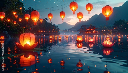 Vibrant lantern festival illuminating waterfront cityscape at dusk.