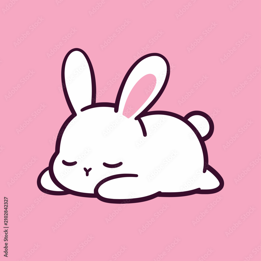 Fototapeta premium Cute Sleeping Bunny Vector Illustration, Minimalist White Rabbit Mascot Icon, Kawaii Chibi Animal Character Clipart on Pastel Pink Background