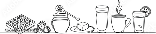 Continuous line of breakfast with waffle, honey, and coffee