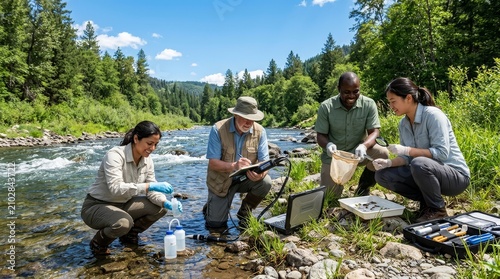 Scientists Conducting Field Research by a Mountain Stream.