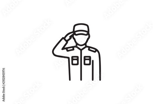 Military soldier saluting icon in thin line style, army officer character vector illustration, patriotic veteran man in uniform outline