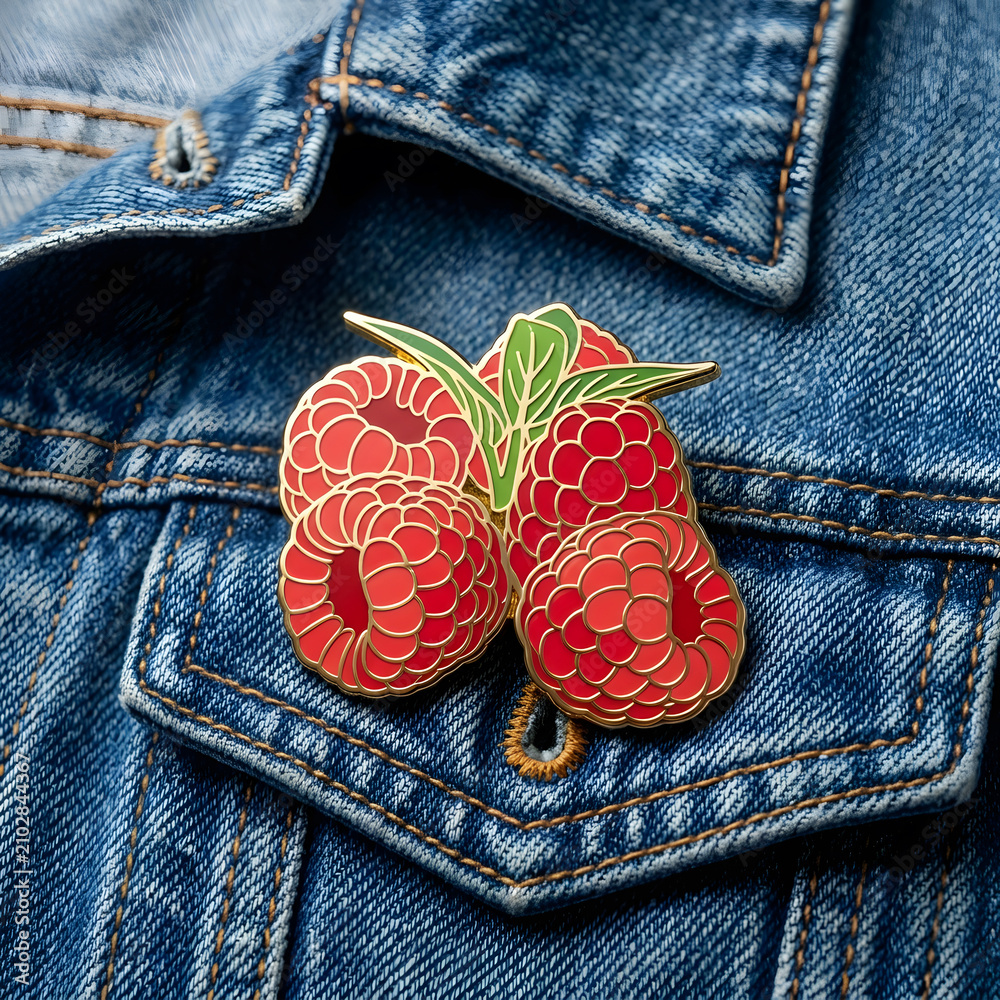 Obraz premium Enamel Raspberry Pin on Denim Jacket