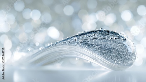 A delicate wave of water droplets glistens under soft cinematic lighting against a shimmering bokeh background.