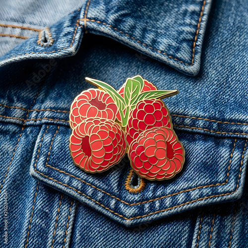 Enamel Raspberry Pin on Denim Jacket