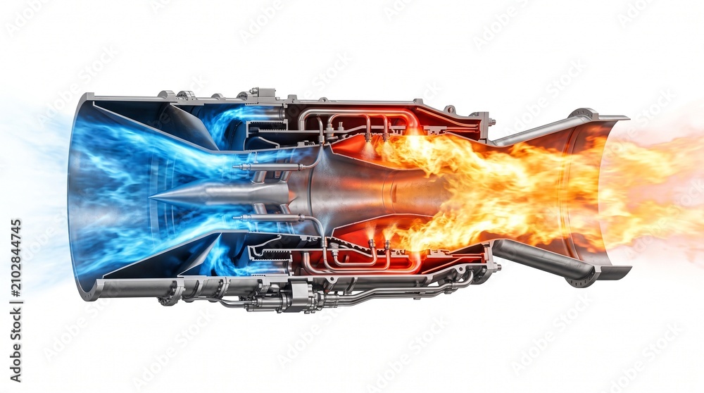 Naklejka premium 3D Fluid Dynamics Diagram of Supersonic Combustion in a Scramjet Engine
